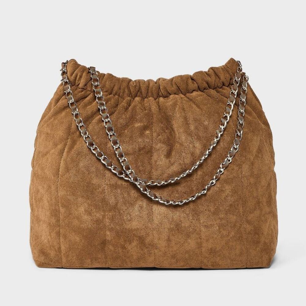 Faux Suede Quilted Gathered Tote Bag - A New Day Brown